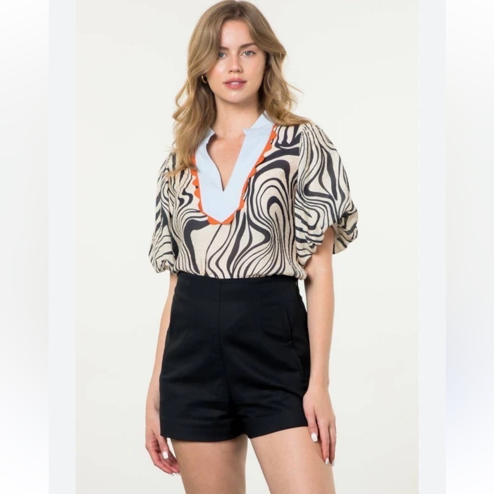 THML women’s geometric Juliet sleeves black cream v neck blue and orange trim - Picture 5 of 7
